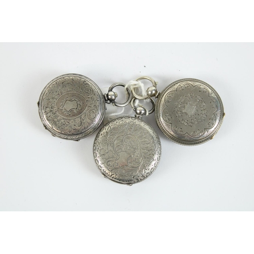 72 - Three late C19th silver open faced cased key wound and set ladies fob watches