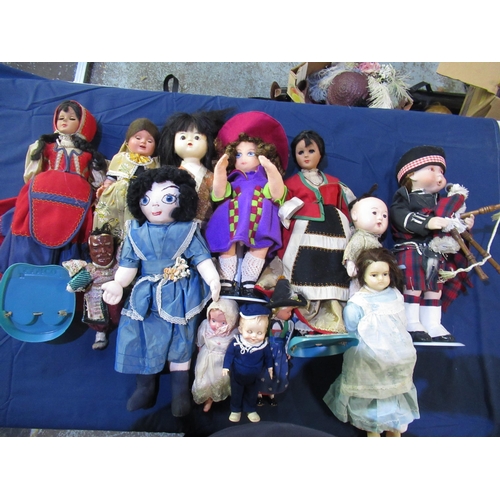 637 - Mid to late C20th wind up sailor toy, key stamped Rays, H21cm, and a collection of later costume dol... 