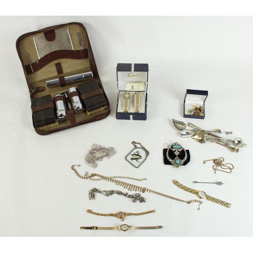 128 - Collection of costume jewellery inc. an art deco buckle with paste stones, dress watches, plated cut... 