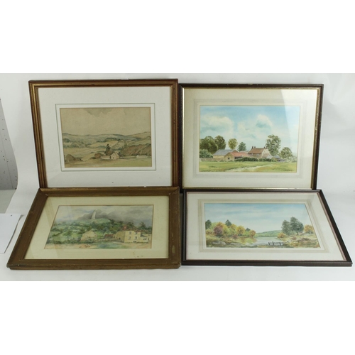 129 - Four early to mid C20th English school watercolours, all rural landscapes, together with a brass fra... 