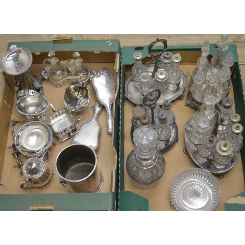 117 - C19th and later silver plated and glass ware  including cruet sets (4), knife rests, wine bottle coa... 