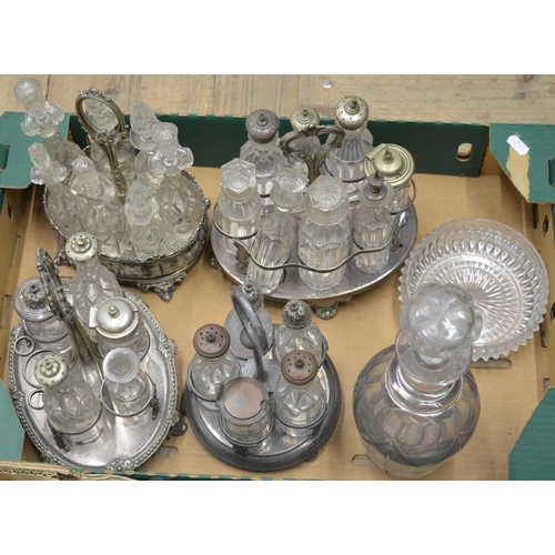 117 - C19th and later silver plated and glass ware  including cruet sets (4), knife rests, wine bottle coa... 