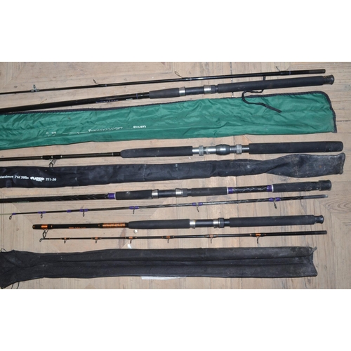 122 - Fishing rods and other modern fishing equipment in three boxes including reels, tackle, etc.