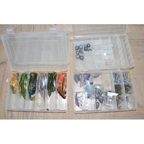 122 - Fishing rods and other modern fishing equipment in three boxes including reels, tackle, etc.