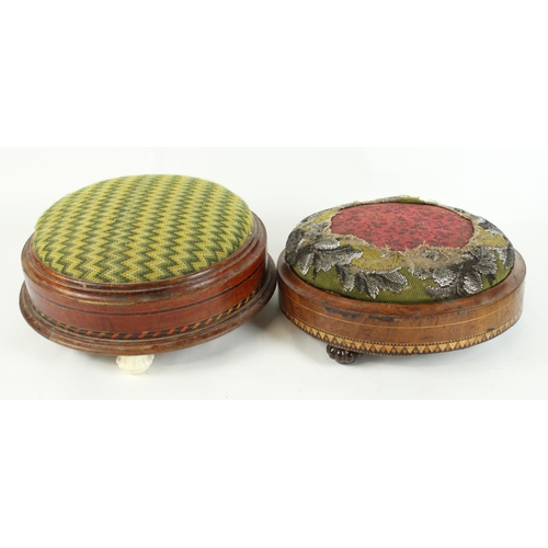 238 - Two Victorian walnut circular footstools, with upholstered tops and Tunbridge ware banding on three ... 