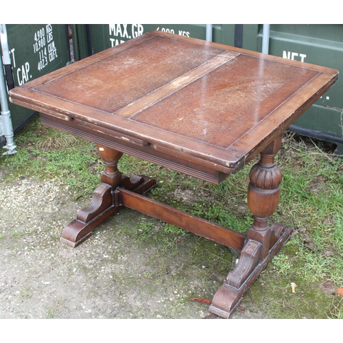 246 - C20th oak finish draw leaf dining table, a pair of Victorian oak framed dining chairs, and a pitch p... 