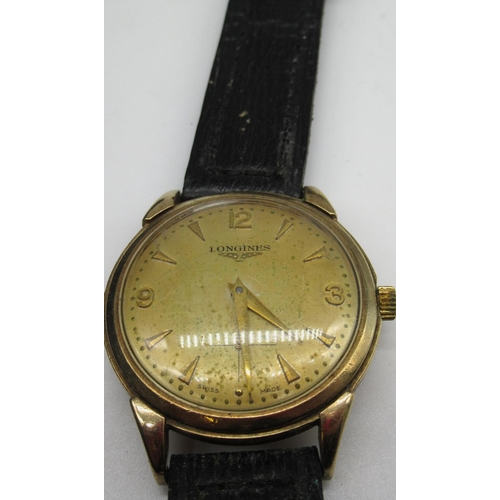 189 - Gents 9ct gold hallmarked Longines manual wind wrist watch, circular dial with arrow markers and sub... 