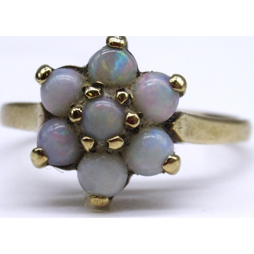 3 - 9ct yellow gold cluster ring set with opals, stamped 375, size N, 2.2g