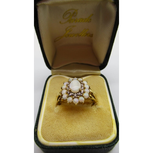 4 - 9ct yellow gold opal and diamond cluster ring, stamped 9k, size P, 3.1g