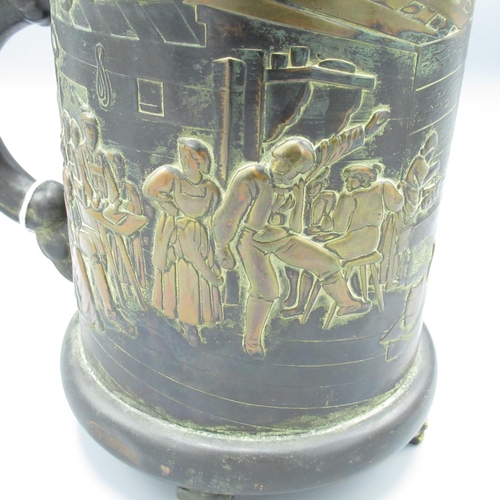 86 - Bronce Denmark, C20th patinated copper lidded tankard, body applied in relief with a tavern scene, H... 