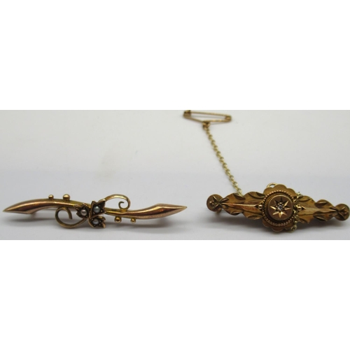 185 - Edwardian 15ct gold hallmarked seed pearl set bar brooch, another stamped 15ct (2)