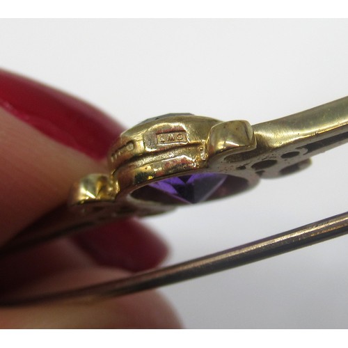 186 - 9ct gold hallmarked amethyst set bar brooch, a similar bar brooch stamped 9ct, and an unmarked bar b... 