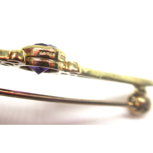 186 - 9ct gold hallmarked amethyst set bar brooch, a similar bar brooch stamped 9ct, and an unmarked bar b... 