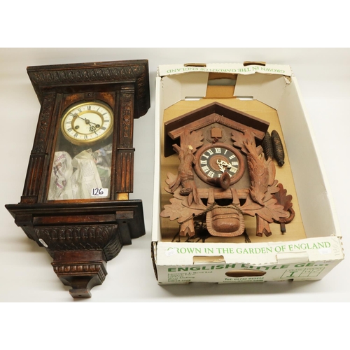 126 - H.A.C. early c20th walnut cased wall clock (woodworm damage) and a late C20th black forest cuckoo cl... 