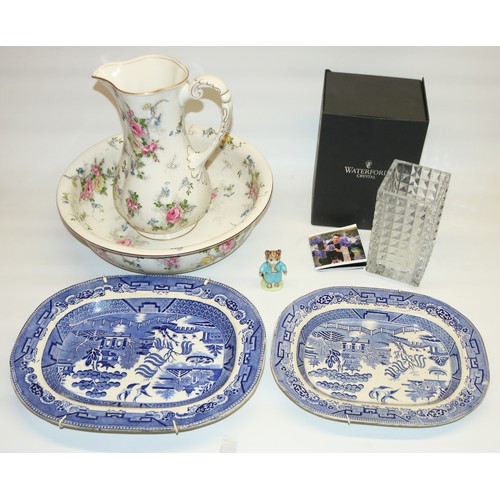 115 - Waterford Crystal Fleurology vase, Beswick Tom Kitten figure, two Japanese part tea sets, two blue a... 