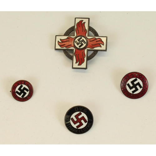 51 - German Third Reich enamel badges and pins inc. DVG Westmark lapel pin, Fire Bridgade cross and NSDAP... 