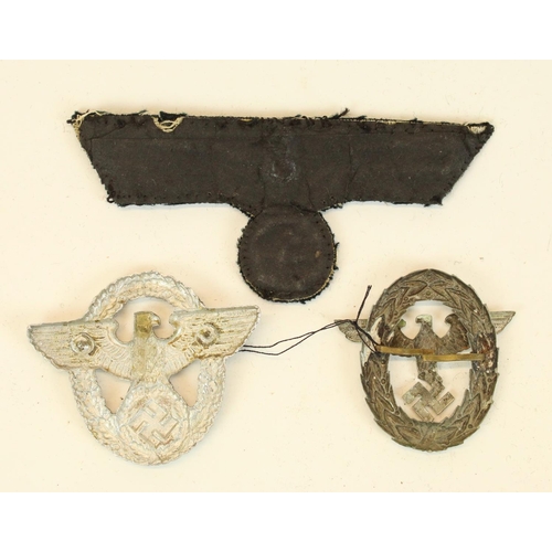 63 - German Third Reich WWII era silver bullion eagle patch and two similar metal cap badges