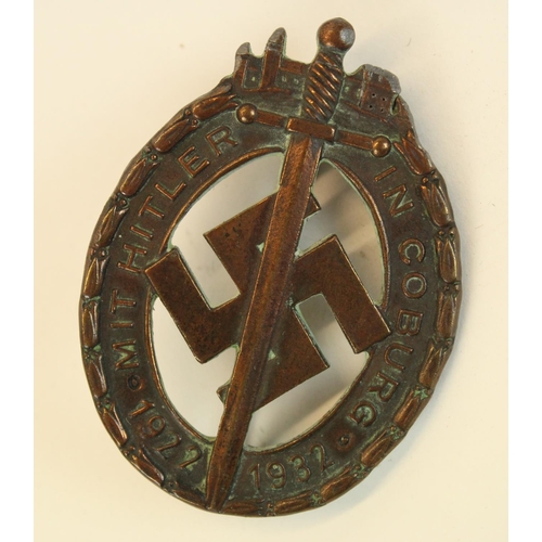 64 - German bronzed metal Coburg badge emblazoned in script mit Hitler in Coburg 1922-1932