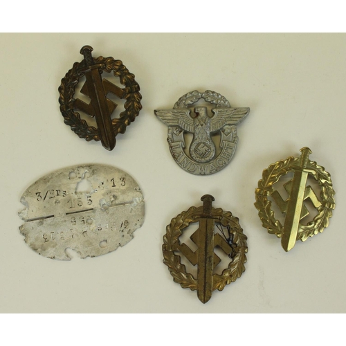 65 - Three German Third Reich SA Sports Badges, Landwacht badge and a a dog tag