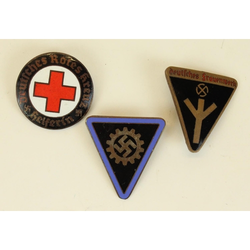 68 - German Third Reich Rotes Kreuz Red Cross enamel badge, Deutsches Frauenwerk enamel badge and a Germa... 