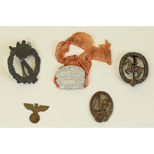 72 - Selection of German Third Reich badges to include metal infantry badge with reserve hat ruh silk ban... 