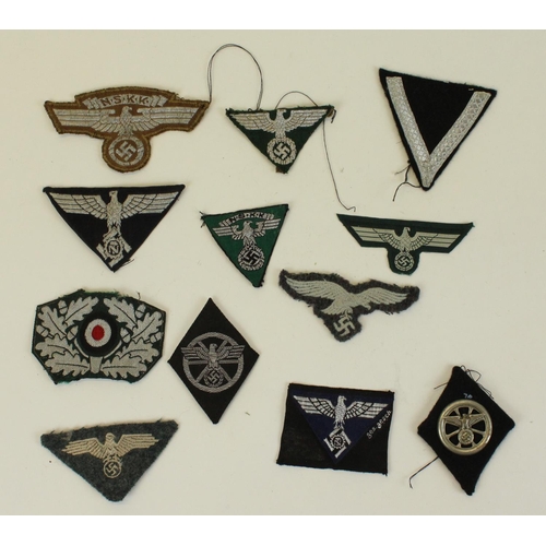 77 - Selection of German Third Reich cloth badges and patches to include Luftwaffe eagle badge, NSKK Moto... 