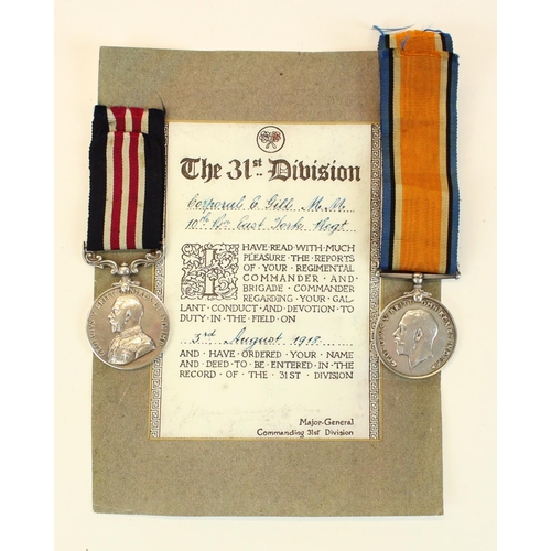 85 - WWI 1914-1918 medal and military medal for 36692 Cpl. Ernest Gill East Yorkshire Regt with associate... 