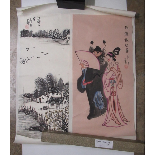 489 - Collection of unframed mid 20th century Oriental scenes in watercolour and pen, and two Art Deco bev... 