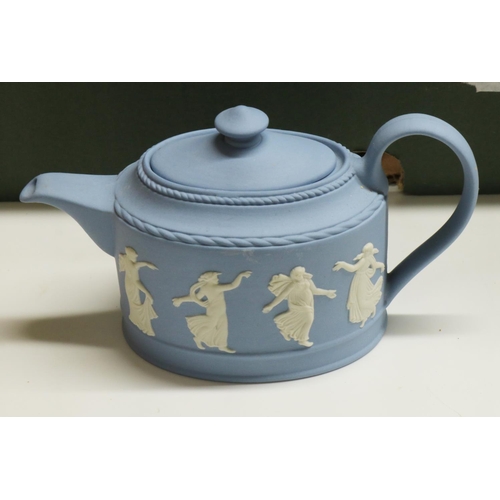 493 - Wedgwood ceramics, including Dancing Hours blue jasperware miniature teapot, other blue jasperware, ... 