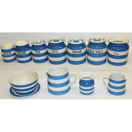 496 - T.G. Green blue and white striped Cornishware ceramics, including table salt, sugar, rice, tea stora... 