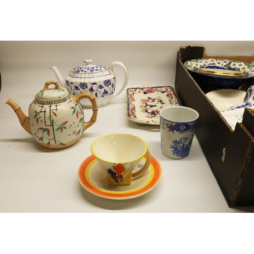 500 - Spode Blue Colonel pattern teapot, Spode Girl at Well pattern beaker, Moorland Pottery Dean Sherwin ... 