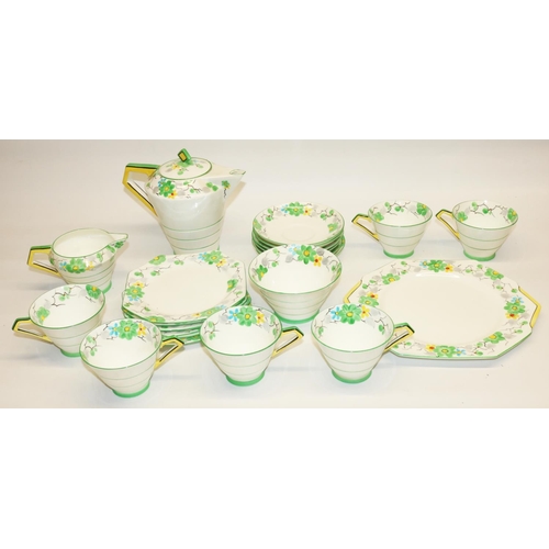 502 - Paragon Art Deco pattern F2156 tea service, painted with flowers and green bands, comprising teapot,... 