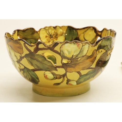 507 - Late 19th/early 20th century pierced bowl with painted flowers, in the style of Linthorpe Art Potter... 