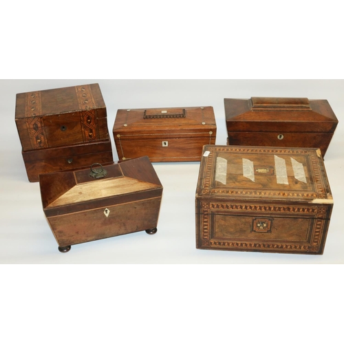 509 - Collection of wooden boxes including three c19th tea caddies, work boxes with inlaid decoration, and... 