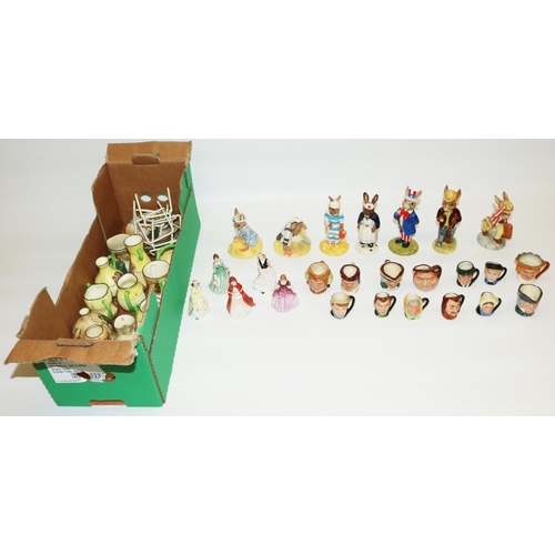 523 - Seven Royal Doulton Bunnykins figures, collection of miniature Royal Doulton character jugs, and oth... 