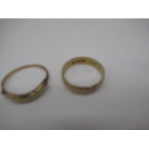 7 - 9ct yellow gold band, stamped 375, size P, and a another 9ct gold ring, stamped 375, size Q1/2, gros... 