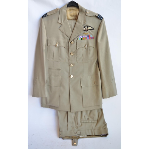 154 - Royal Air Force Squadron Leaders tropical uniform, with wings and medal ribbons. Made in Singapore b... 