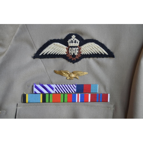 154 - Royal Air Force Squadron Leaders tropical uniform, with wings and medal ribbons. Made in Singapore b... 