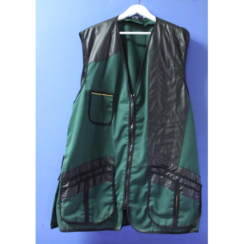 158 - Skeet shooting vest in green and yellow piping with leather patches and pockets (size XL)