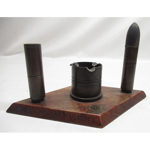 205 - WW1/WWII Trench Art Royal Artillery smokers stand on oak base painted on rim with RA motto with cent... 