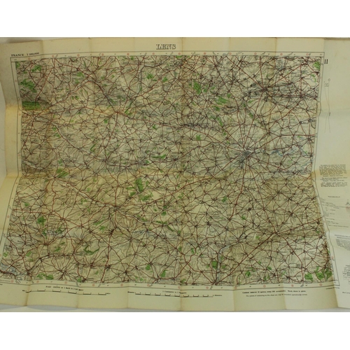 130 - Selection of WWI to WWII ephemera to include a WWI map of the Lens AO, WWI photograph album, WWII ro... 