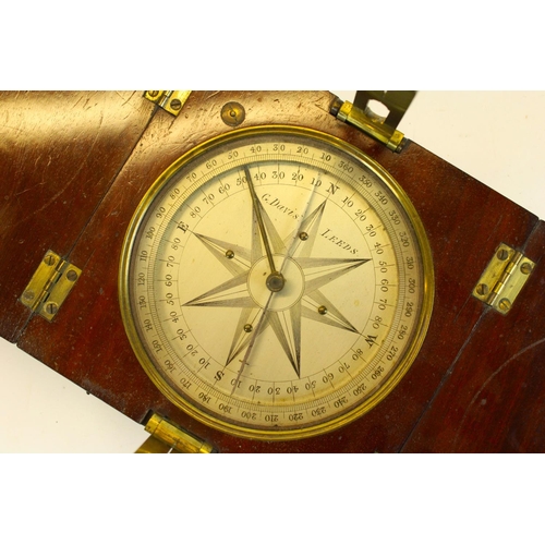 147 - C19th Miners surveying compass in hinged fold over mahogany case, brass sights and silvered dial, di... 