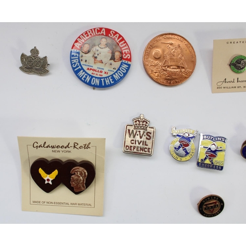 213 - Selection of British and American badges, enamel pins etc, including wartime fire watcher enamel bad... 