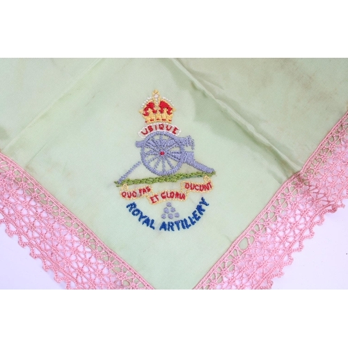 221 - WWII period Royal Artillery embroidered silk handkerchief in green and pink, W26cm