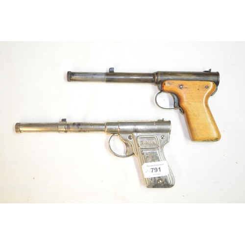 791 - Two Diana mod 2 .177 GAT air pistols, one with chrome finish and the other with wooden grips and a b... 