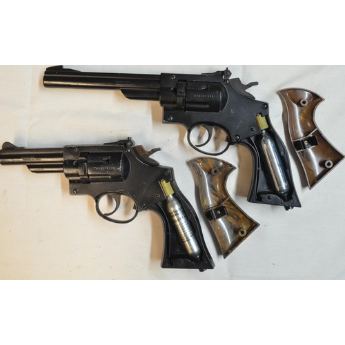 803 - Two Crossman CO2 powered .177 revolver air pistols, a long barrelled Model 38T, SN 378207393 (leaks ... 