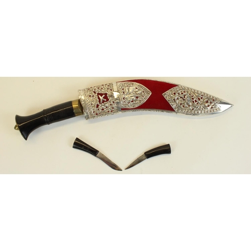 107 - Nepalese Kukri in decorative silvered metal sheath with Karda and Chakmak