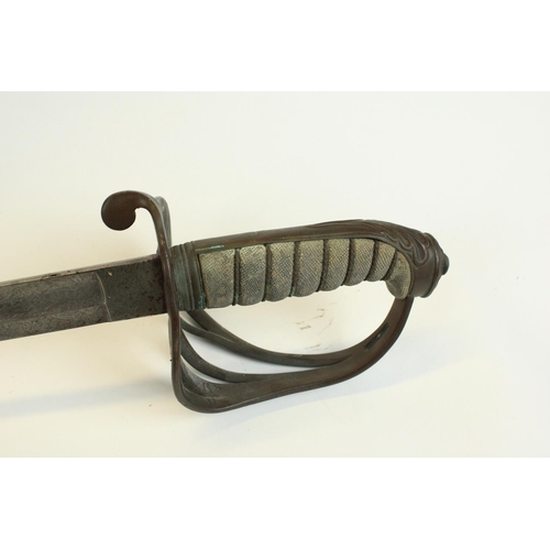 115 - 1854 pattern officers sword with VR cypher to guard, wirebound fishskin hilt and etched patterned bl... 