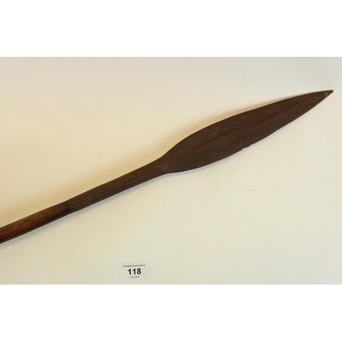 118 - African tribal Assegai spear with metal leaf shape head, total L163cm