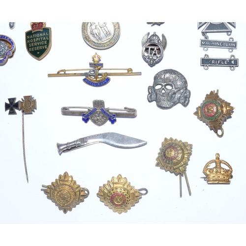 220 - Collection of mostly British Empire, Great War and WWII era lapel pins and cap badges including 5 WV... 